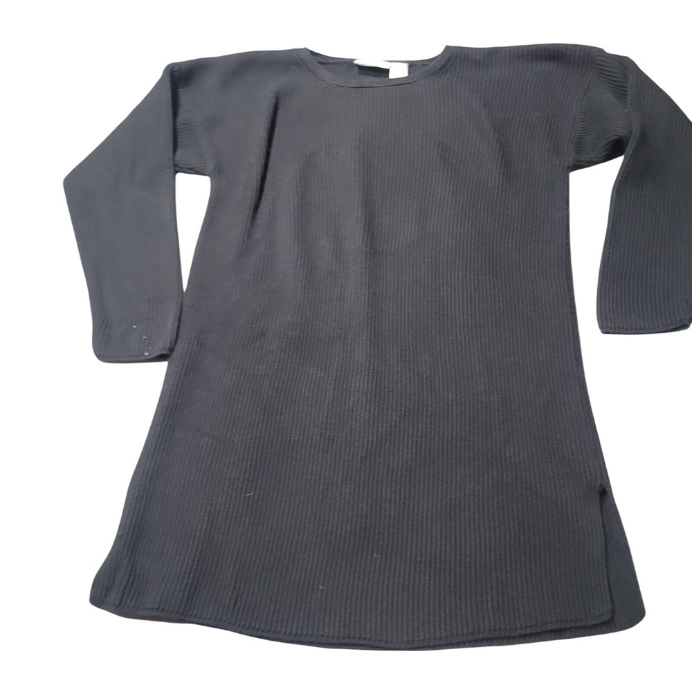 Nordstrom Tunic Sweater Women Black Cotton Ribbed Knit Side Slit Long Minimalist